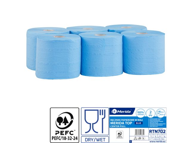 Ręczniki papierowe w roli MERIDA TOP CENTER PULL MINI, niebieskie, średnica 16,5 cm, długość 122 m, dwuwarstwowe, zgrzewka 6 rolek